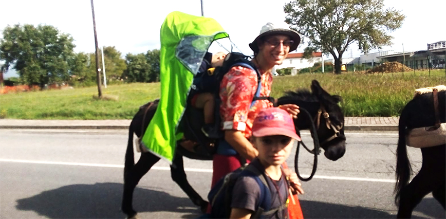 Due asini e un bambino - incapsulato -<br> tra i tanti Pellegrini della Francigena